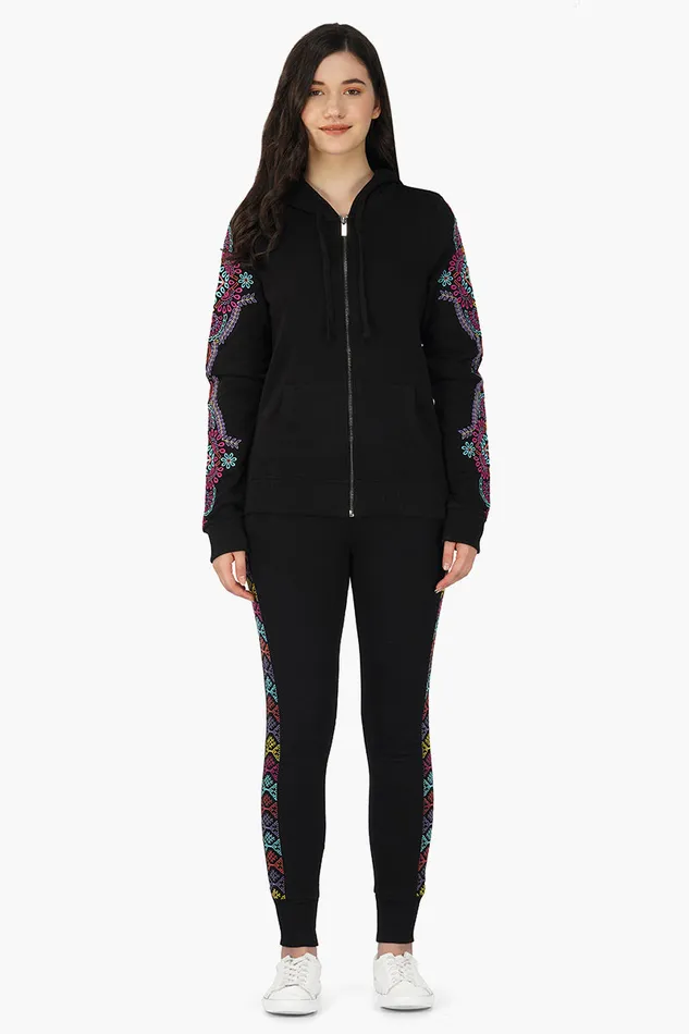 Women Pants America and Beyond Black Pants with Embroidered Side seam