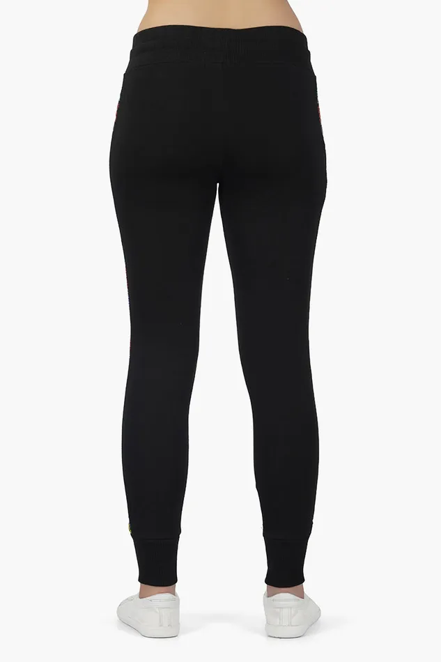Women Pants America and Beyond Black Pants with Embroidered Side seam