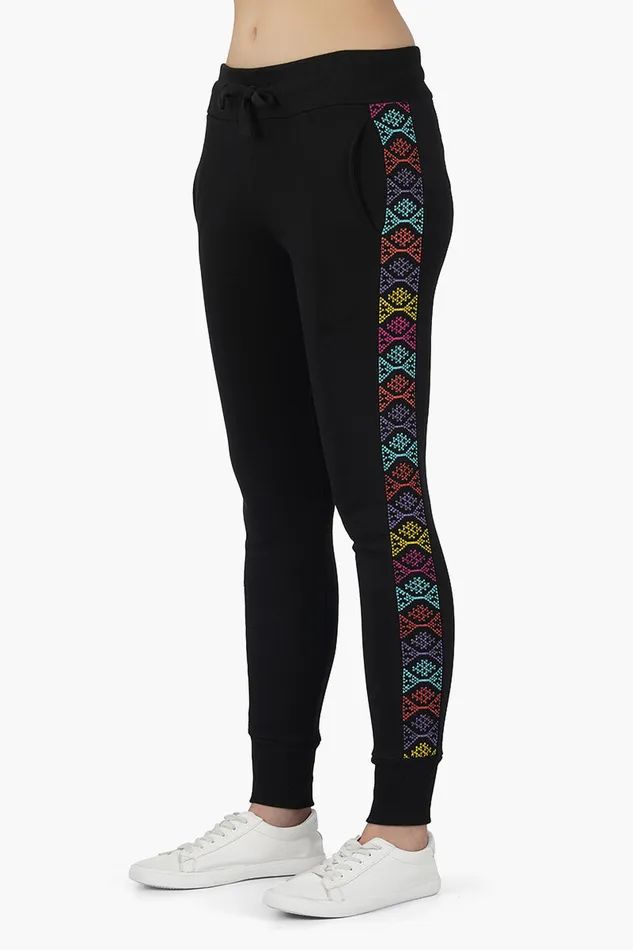 Women Pants America and Beyond Black Pants with Embroidered Side seam