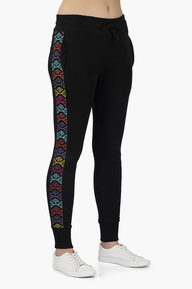 Women Pants America and Beyond Black Pants with Embroidered Side seam
