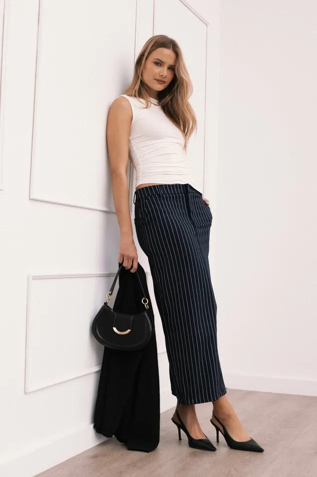 Women Petal and Pup Ellory Midi Skirt Navy Pinstripe Skirts