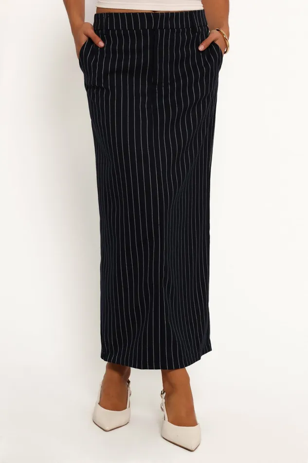 Women Petal and Pup Ellory Midi Skirt Navy Pinstripe Skirts