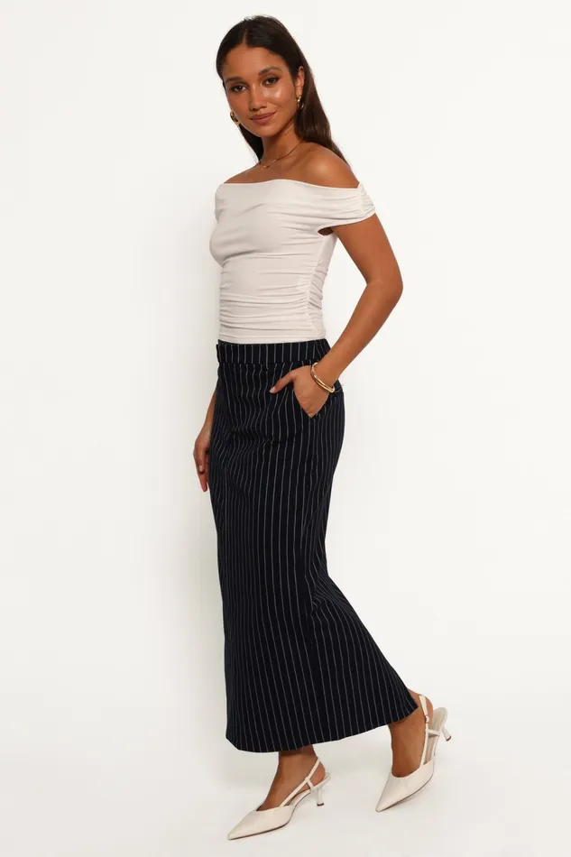 Women Petal and Pup Ellory Midi Skirt Navy Pinstripe Skirts