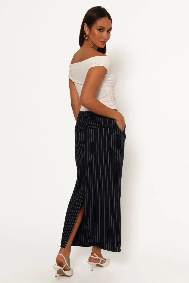 Women Petal and Pup Ellory Midi Skirt Navy Pinstripe Skirts