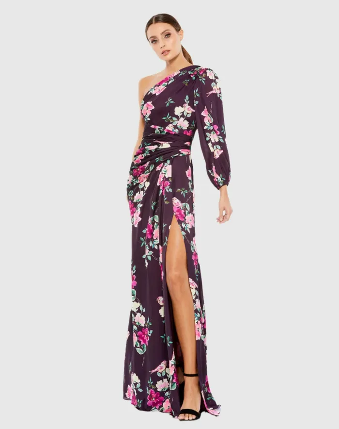 Women Plum Floral Print One Sleeve Gown Plum Floral Daytime Dresses Mac Duggal Women Plum Floral Print One Sleeve Gown Plum Floral Daytime Dresses Mac Duggal