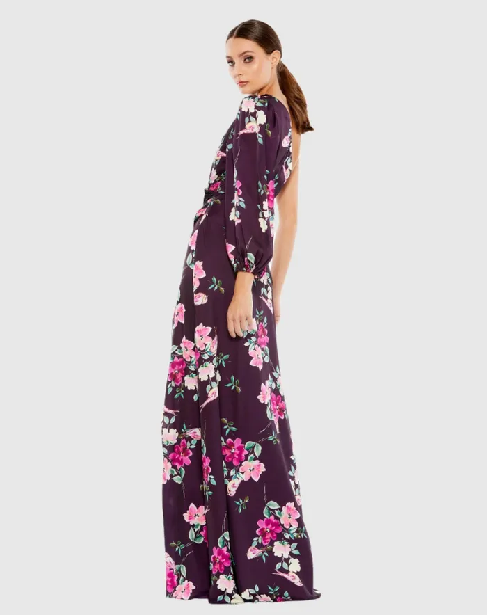 Women Plum Floral Print One Sleeve Gown Plum Floral Daytime Dresses Mac Duggal