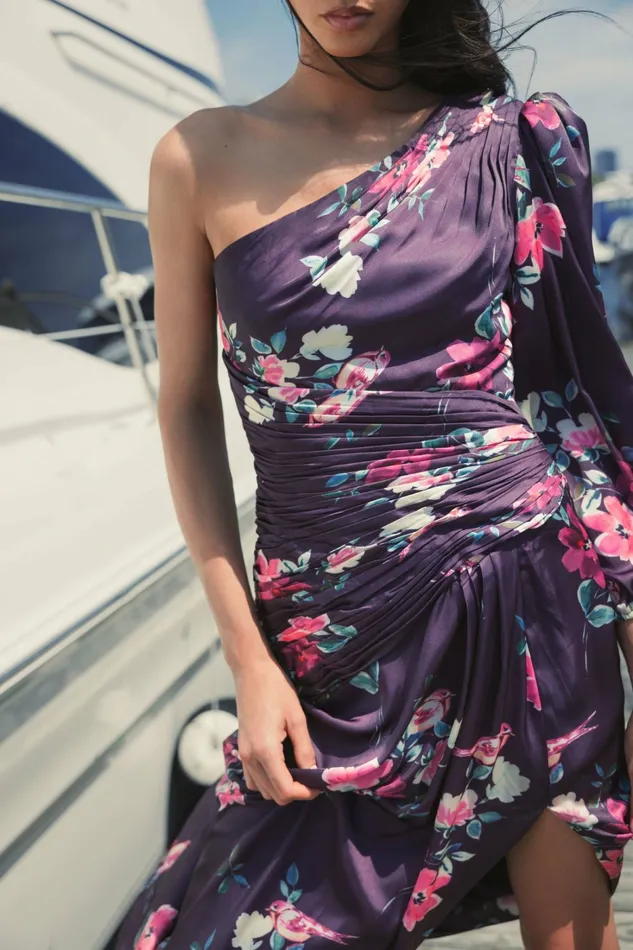 Women Plum Floral Print One Sleeve Gown Plum Floral Daytime Dresses Mac Duggal