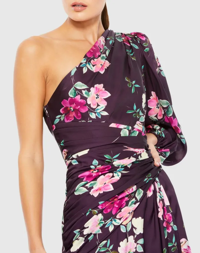 Women Plum Floral Print One Sleeve Gown Plum Floral Daytime Dresses Mac Duggal