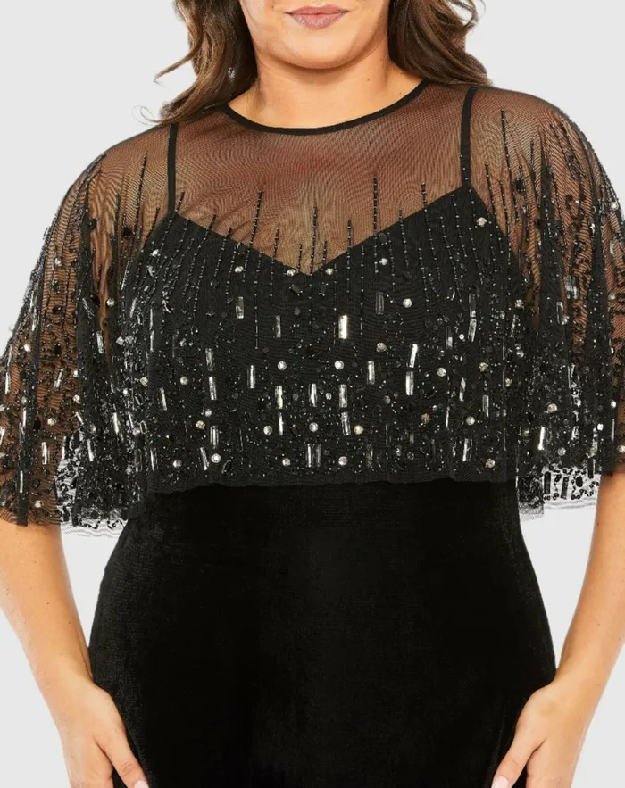 Women Plus Size Dresses Mac Duggal Sleeveless Velvet Dress With Embellished Cape Black
