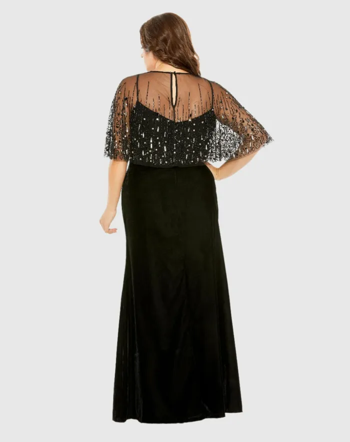 Women Plus Size Dresses Mac Duggal Sleeveless Velvet Dress With Embellished Cape Black