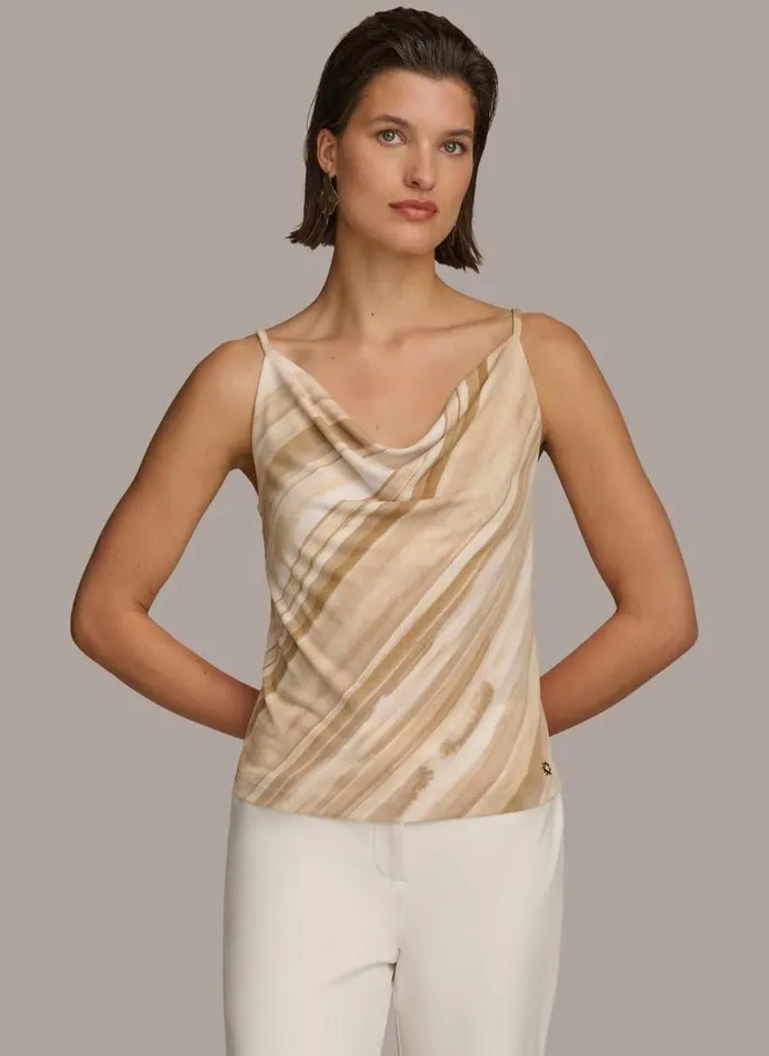 Women PRINTED COWL STRAPPY CAMI Beige Donna Karan New York Sweaters And Tops