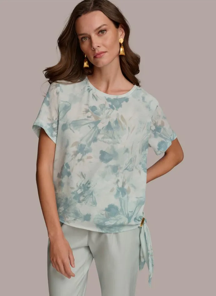 Women PRINTED SIDE TIE BLOUSE Frost Combo Donna Karan New York Sweaters And Tops