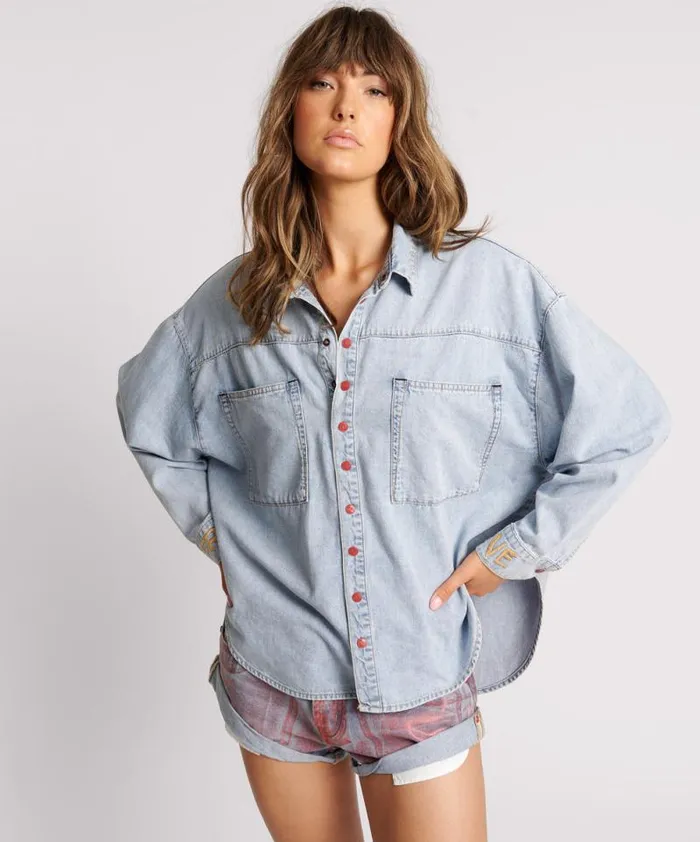 Women RED DEVIL HEART DARIA DENIM SHIRT One Teaspoon Denim Tops