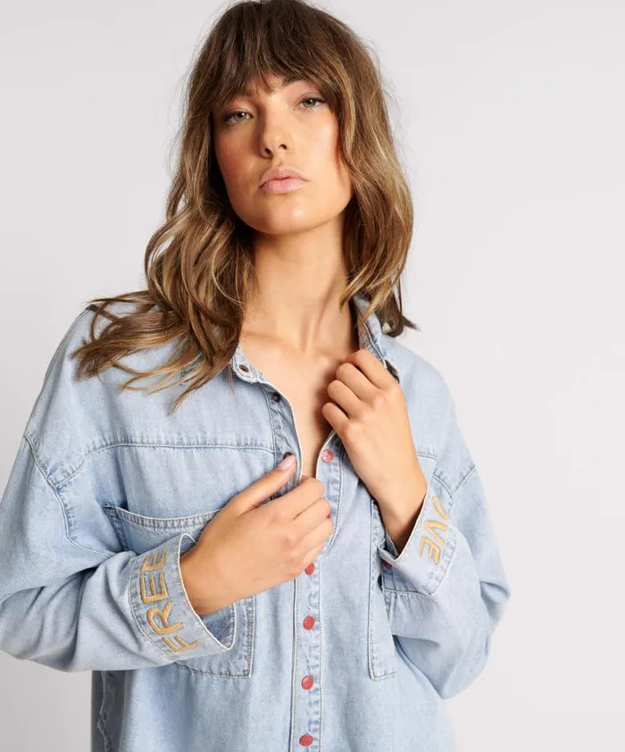 Women RED DEVIL HEART DARIA DENIM SHIRT One Teaspoon Denim Tops Women RED DEVIL HEART DARIA DENIM SHIRT One Teaspoon Denim Tops