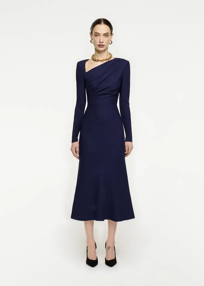 Women Roland Mouret Clothing Asymmetric Drape Stretch Cady Midi Dress
