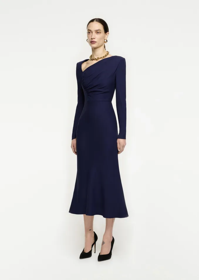 Women Roland Mouret Clothing Asymmetric Drape Stretch Cady Midi Dress