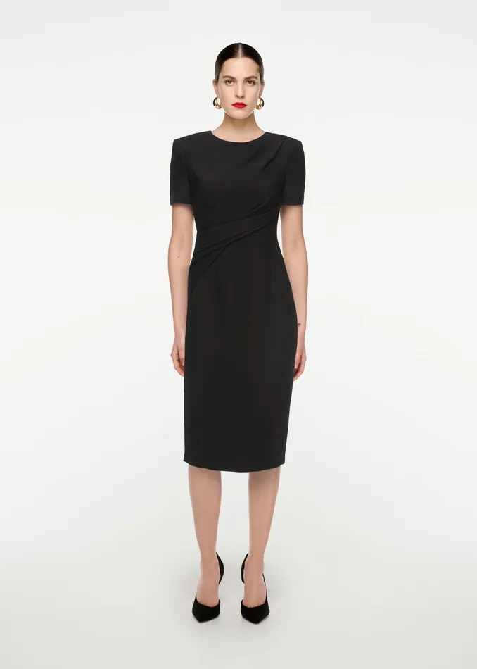 Women Roland Mouret Clothing Short Sleeve Drape Silk Wool Midi Dress