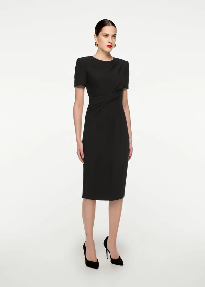 Women Roland Mouret Clothing Short Sleeve Drape Silk Wool Midi Dress