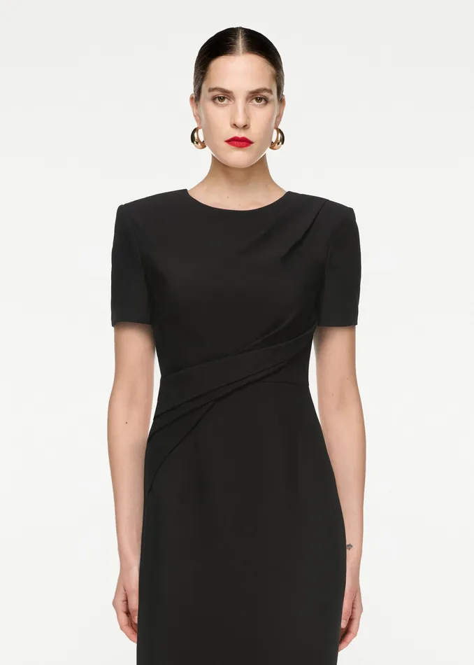 Women Roland Mouret Clothing Short Sleeve Drape Silk Wool Midi Dress