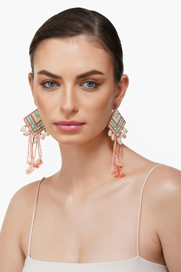 Women Rose Beaded Tassel Shell Earrings Jewelry America and Beyond