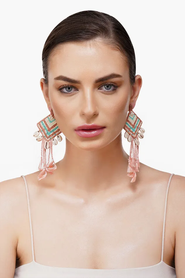 Women Rose Beaded Tassel Shell Earrings Jewelry America and Beyond