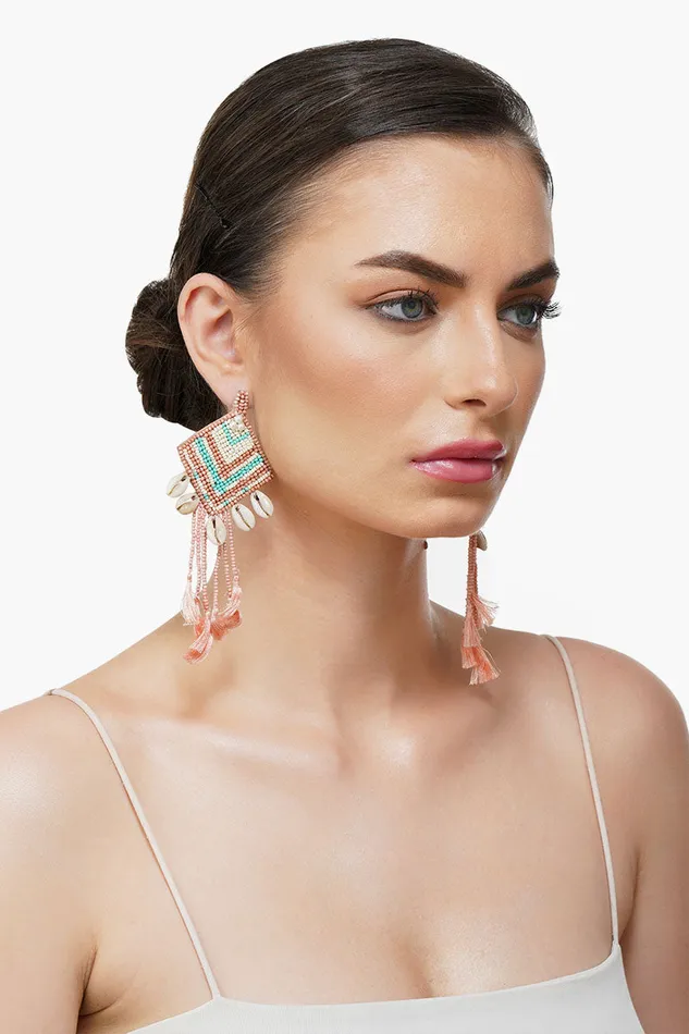 Women Rose Beaded Tassel Shell Earrings Jewelry America and Beyond