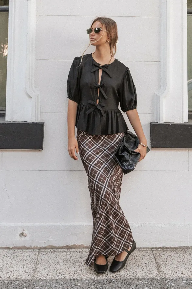 Women Sandra Midi Skirt Brown Check Skirts Petal and Pup