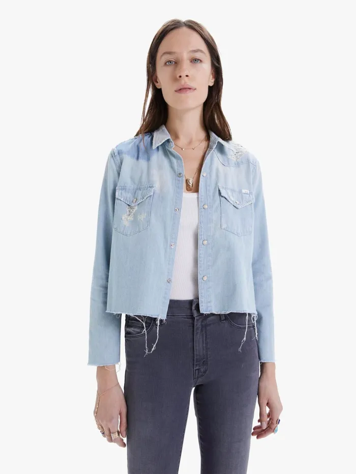 Women Shirts Mother Denim The Super Ex039s Crop Fray Light Blue
