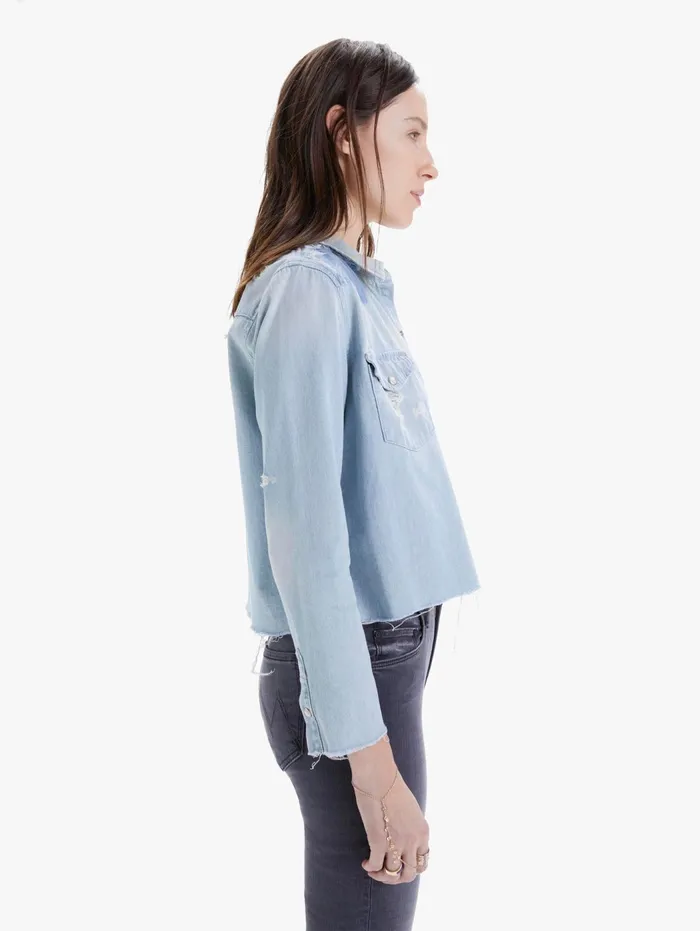 Women Shirts Mother Denim The Super Ex039s Crop Fray Light Blue