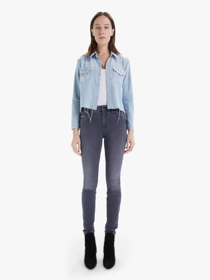 Women Shirts Mother Denim The Super Ex039s Crop Fray Light Blue