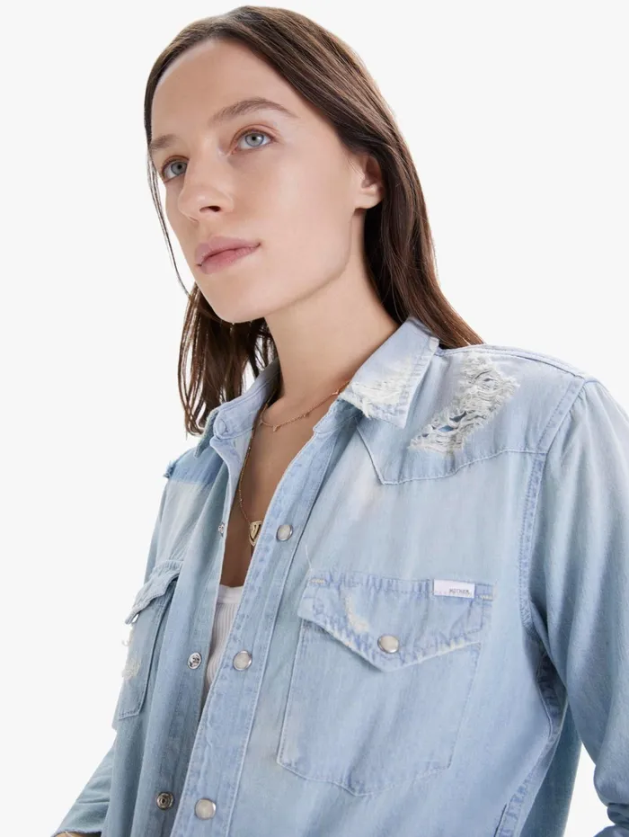 Women Shirts Mother Denim The Super Ex039s Crop Fray Light Blue