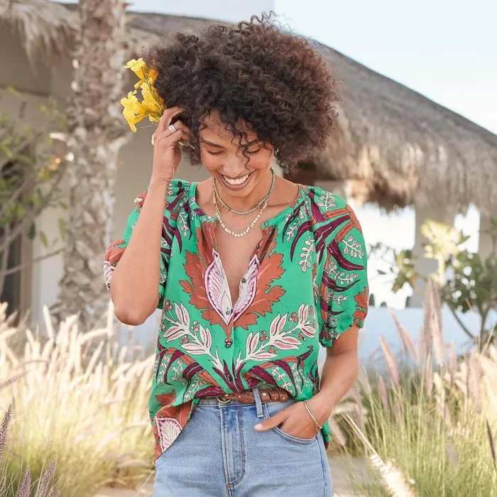 Women Tapestry Graceful Days Top Turquoise Print Sundance Catalog Tops