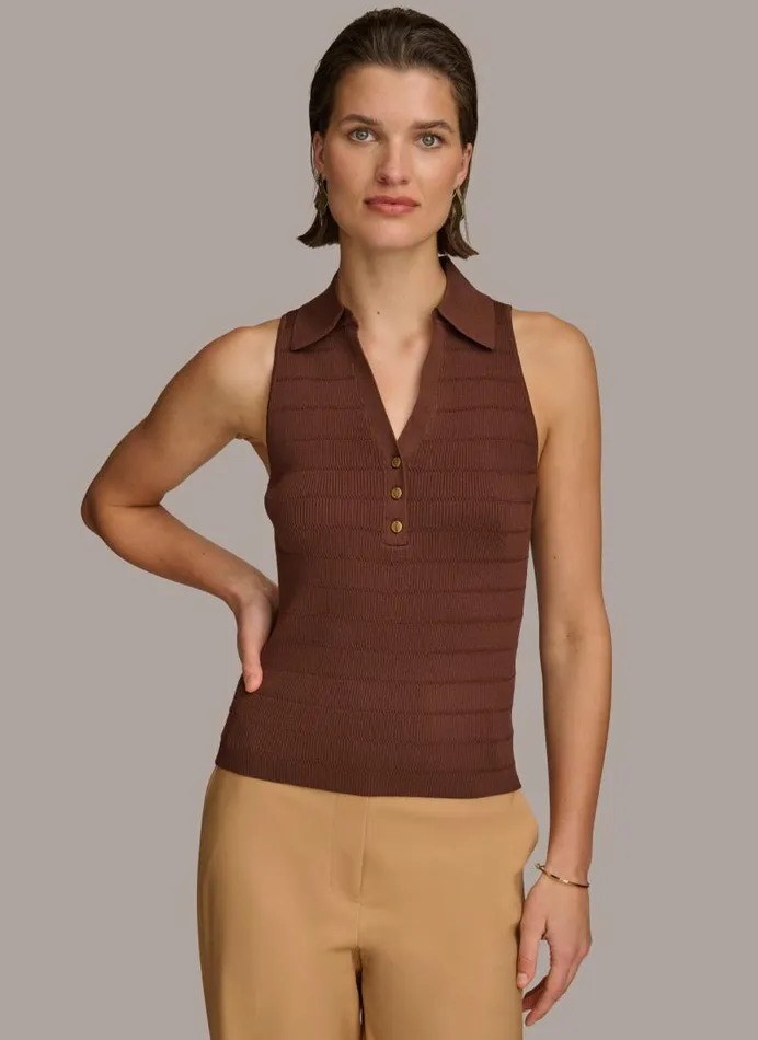 Women TEXTURE SWEATER WITH GOLD BUTTONS Canyon Donna Karan New York Sweaters And Tops