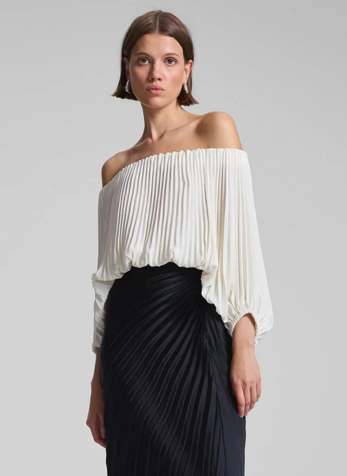 Women Tops ALC Sienna Satin Pleated Off Shoulder Top Whisper White