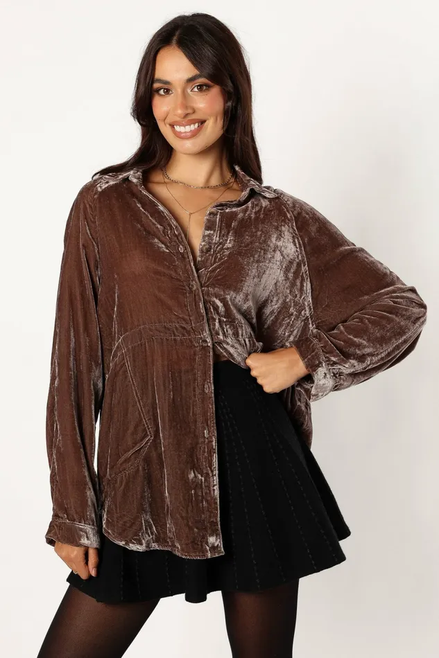 Women Tops Petal and Pup Chelsea Velvet Oversized Button Down Top Midnight