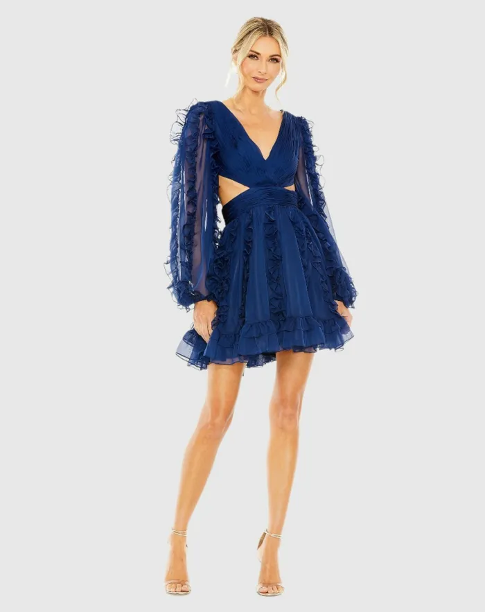 Women V Neck Corset Back Long Puff Sleeve Ruffle Mini Dress Indigo Daytime Dresses Mac Duggal Women V Neck Corset Back Long Puff Sleeve Ruffle Mini Dress Indigo Daytime Dresses Mac Duggal