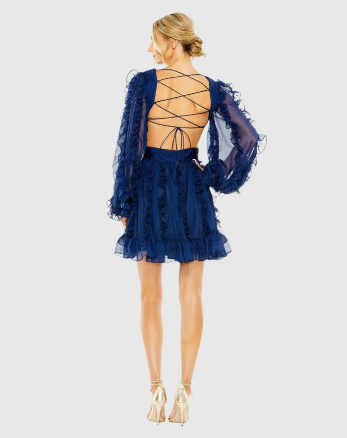 Women V Neck Corset Back Long Puff Sleeve Ruffle Mini Dress Indigo Daytime Dresses Mac Duggal