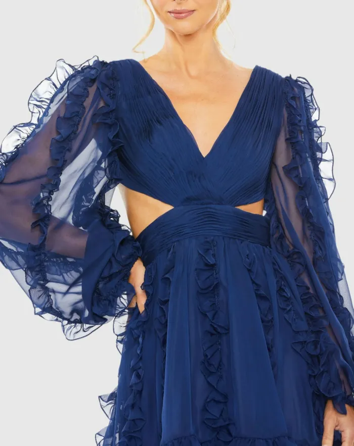 Women V Neck Corset Back Long Puff Sleeve Ruffle Mini Dress Indigo Daytime Dresses Mac Duggal