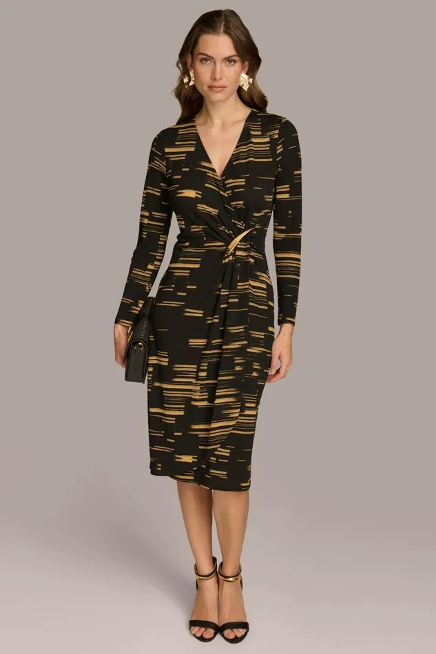 Women VNECK FAUX WRAP DRESS Gold Multi Donna Karan New York Dresses And Jumpsuits