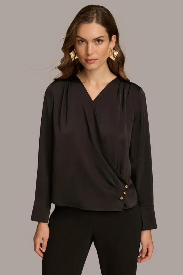 Women VNECK WITH SIDE BUTTON DETAIL Black Donna Karan New York Sweaters And Tops