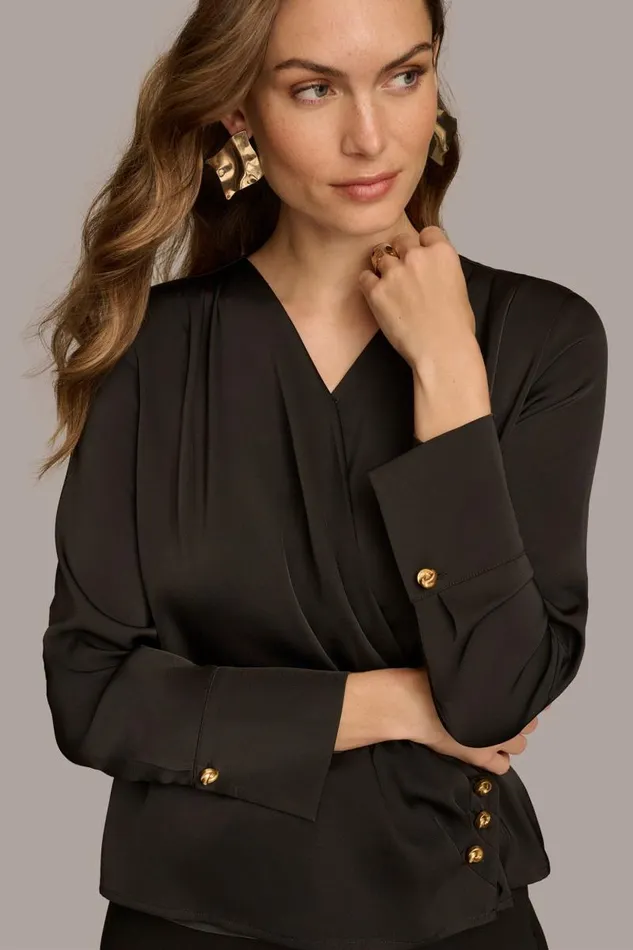 Women VNECK WITH SIDE BUTTON DETAIL Black Donna Karan New York Sweaters And Tops Women VNECK WITH SIDE BUTTON DETAIL Black Donna Karan New York Sweaters And Tops