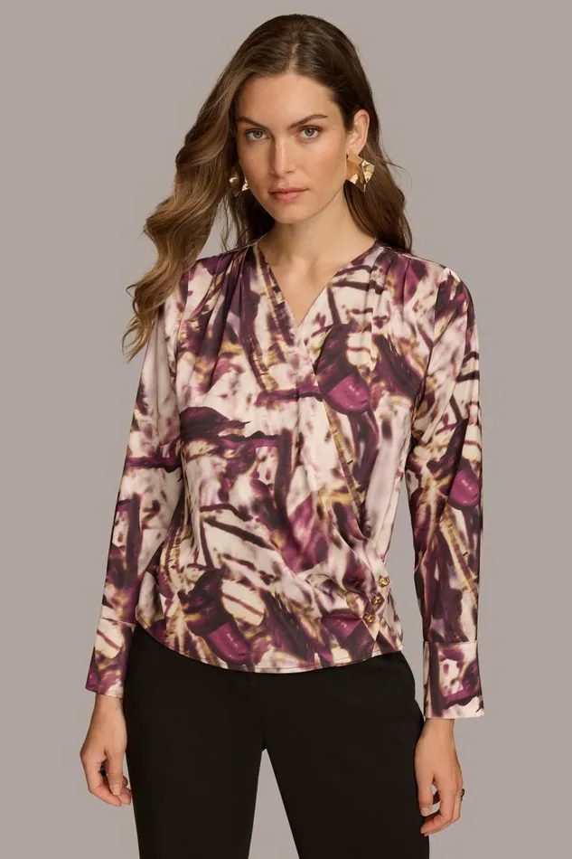 Women VNECK WITH SIDE BUTTON DETAIL Elderberry Multi Donna Karan New York Sweaters And Tops