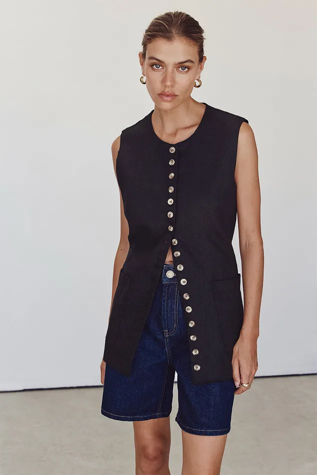 Women Vests DISSH TILLY BLACK LINEN LONGLINE VEST