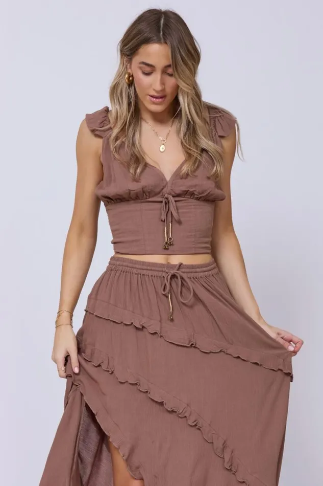 Women Vintage Havana Casual Tops Washed Mocha Rayon Crinkle Flutter Sleeve Top Washed Mocha