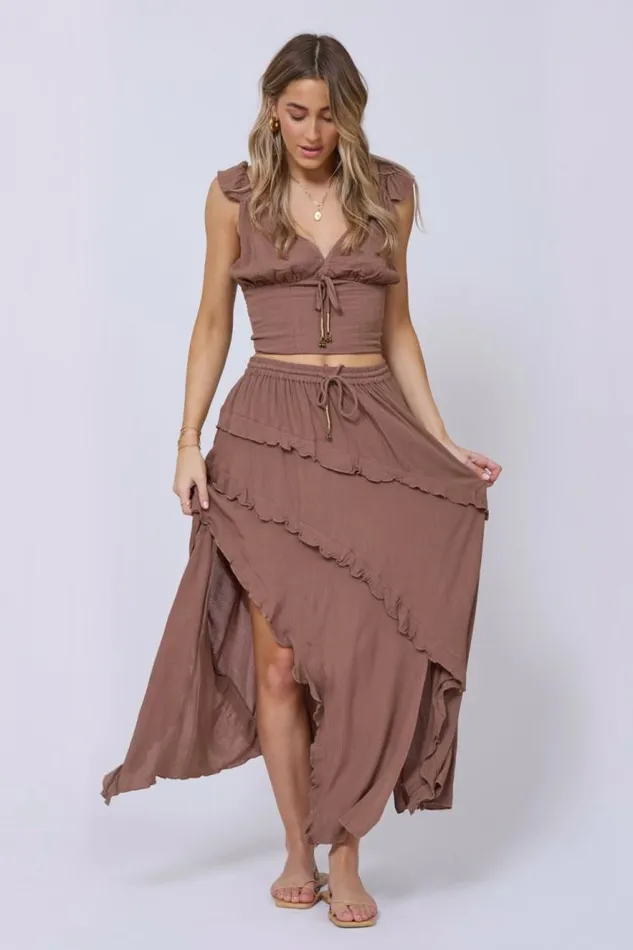 Women Vintage Havana Casual Tops Washed Mocha Rayon Crinkle Flutter Sleeve Top Washed Mocha