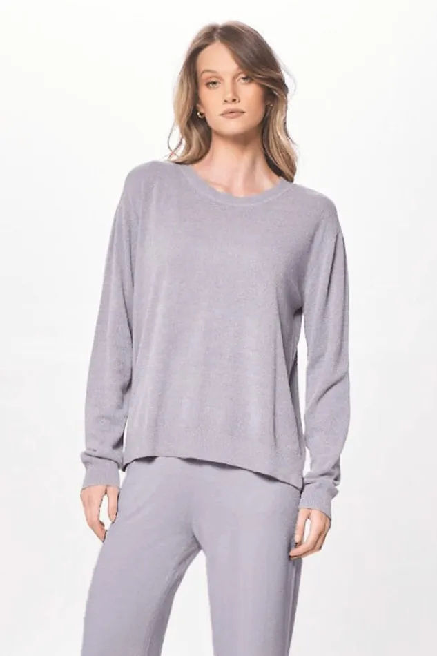 Women Vintage Havana Sweaters Cool Grey Plush Knit Crewneck Cool Grey