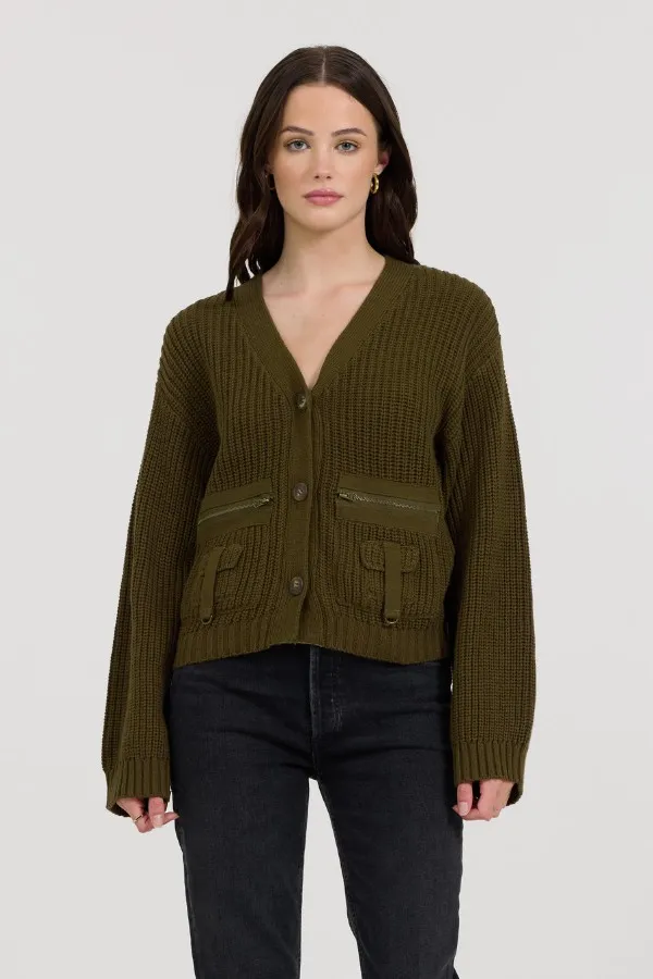 Women Vintage Havana Sweaters Deep Olive Fitted Utilty Cardigan Deep Olive