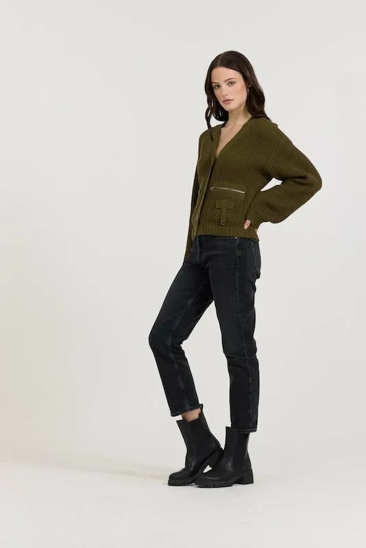 Women Vintage Havana Sweaters Deep Olive Fitted Utilty Cardigan Deep Olive