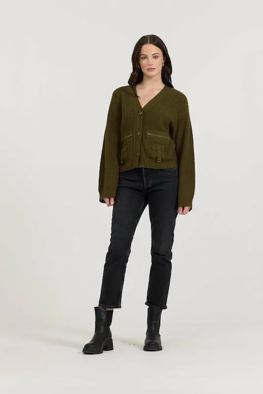 Women Vintage Havana Sweaters Deep Olive Fitted Utilty Cardigan Deep Olive