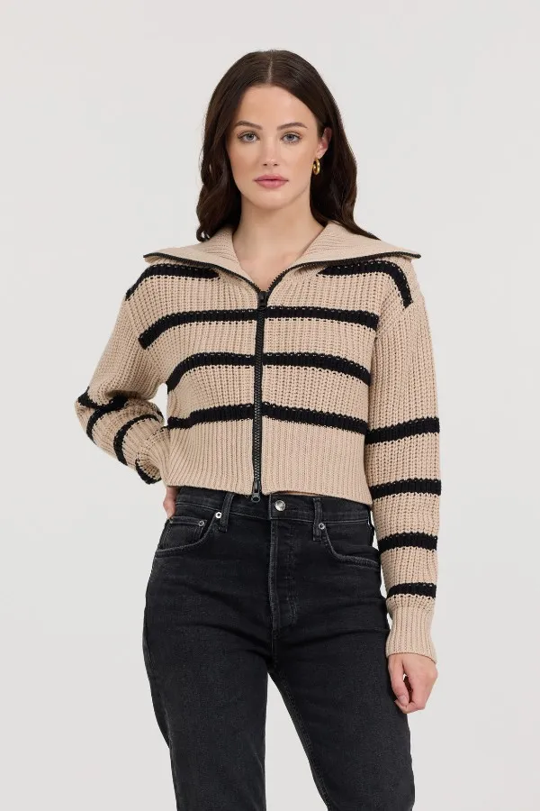 Women Vintage Havana Sweaters Puddle W Black Stripe Double Zip Sweater Puddle